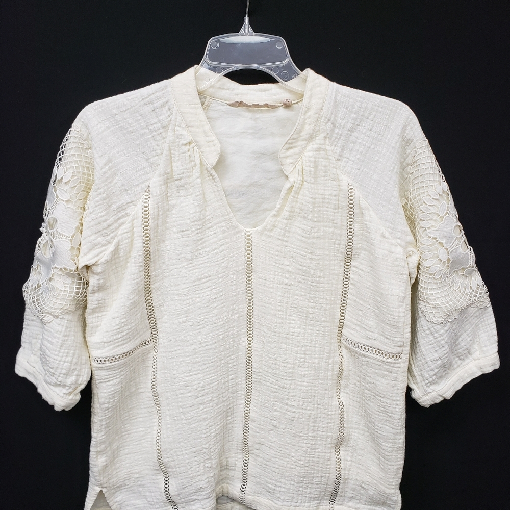 Soft Surroundings Small 3/4 Sleeve Magnolia Gauze Puffy Cream Crochet Lace Top